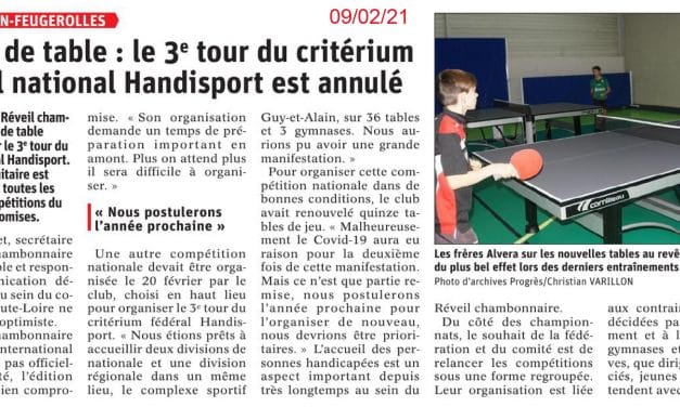 Tennis de table : le 3ème tour du critérium fédéral national handisport est annulé